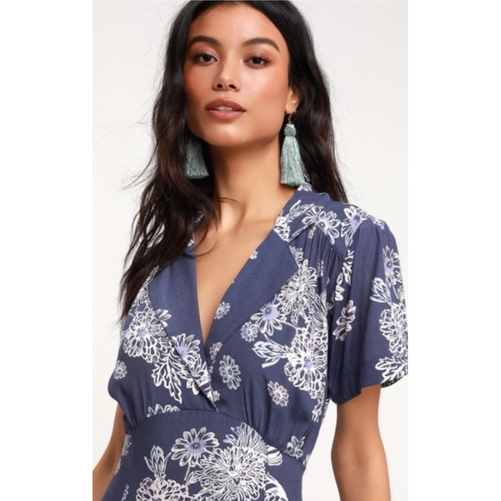 Free People Blue Hawaii Washed Blue Floral Print Short Sleeve Mini Dress - Picture 3 of 16